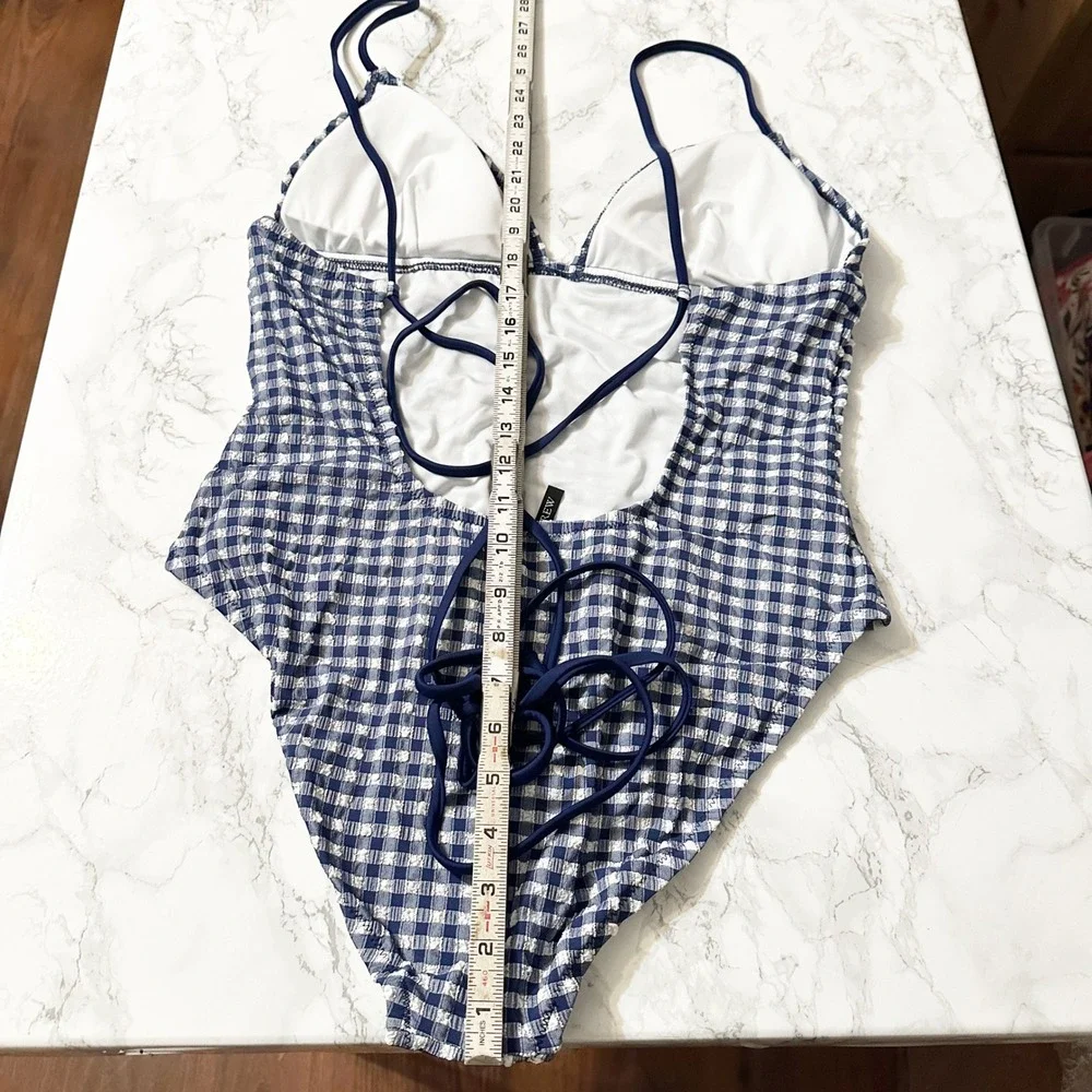 J. Crew Strappy Gingham‎ Navy One Piece Swimsuit Women's Size 12 NEW retro style - Picture 7 of 8